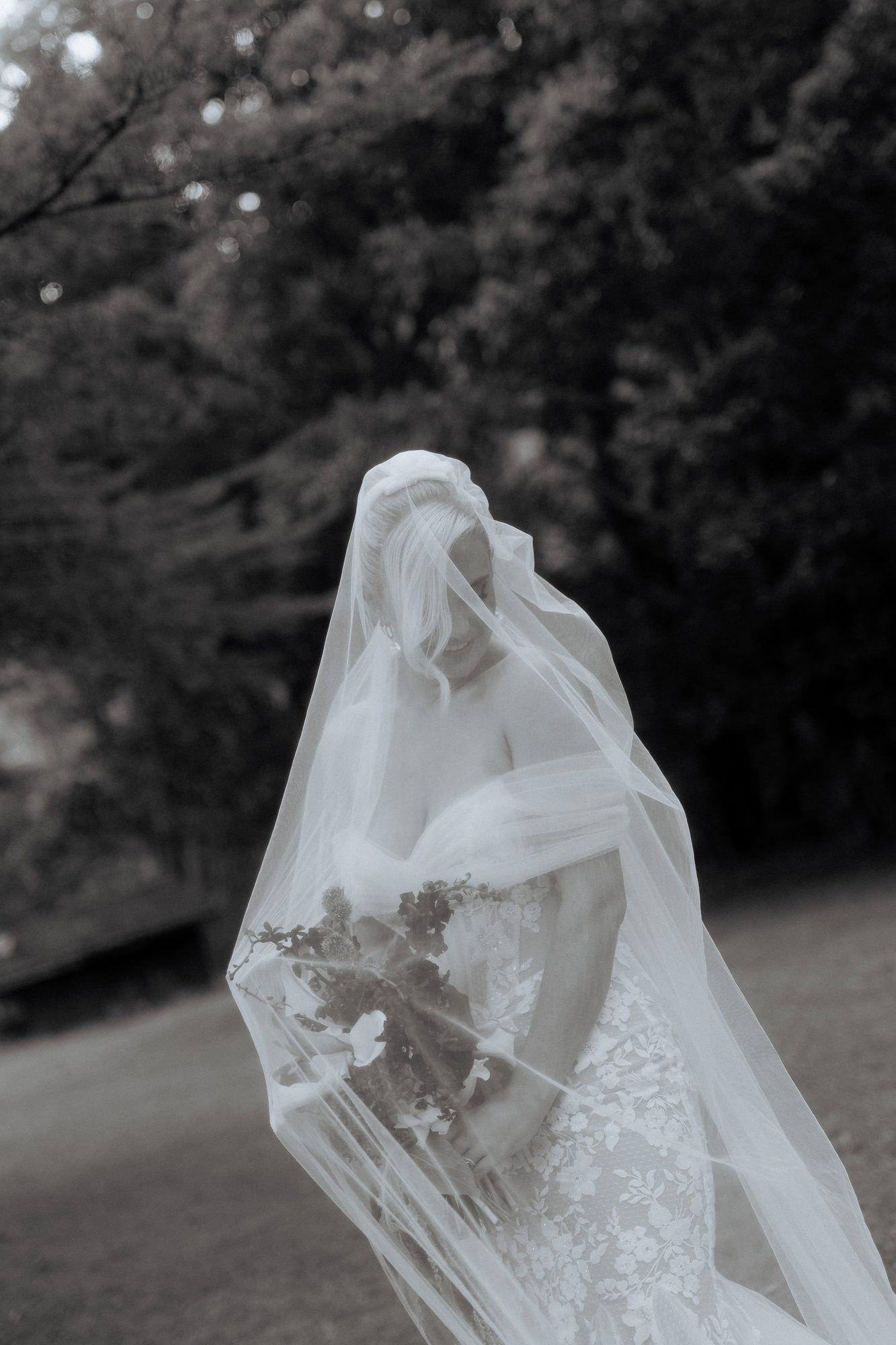 Black and white bridal portrait of Elena with veil — The Lodge Jemberoo wedding photography